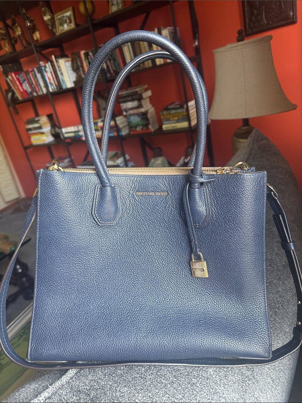 Michael Kors Navy Pebbled Leather Purse with Gold Hardware